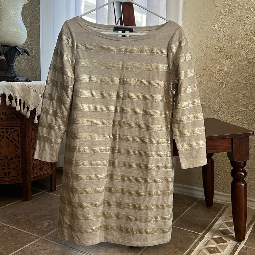 BCBGMaxAzria gold shift mini dress with sequin stripe trim